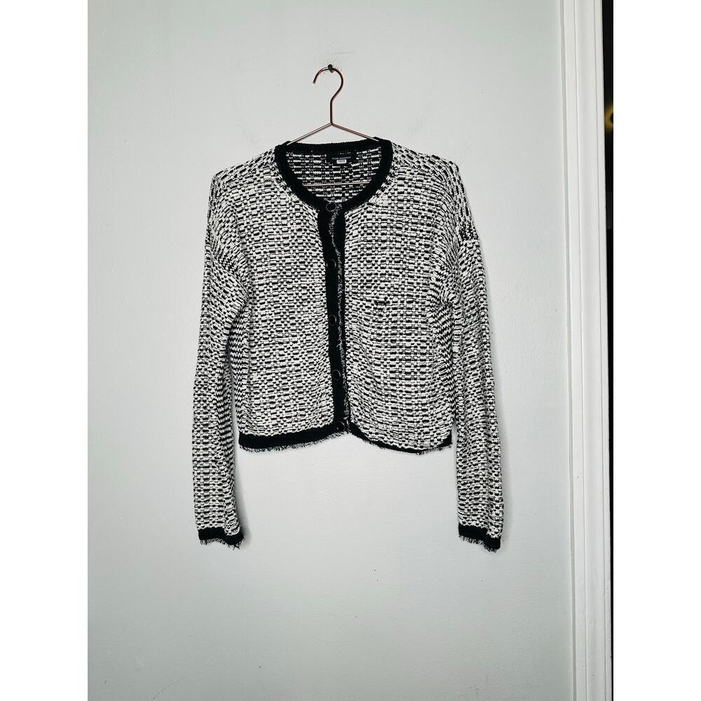 CLUB MONACO Black White Button Front Buttons Fringe Cardigan Sweater Size Medium
